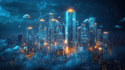 Fototapeta premium Night City Skyline Glowing Skyscrapers above Clouds and Fog in Urban Setting