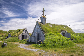 Old Viking house and church at Norstead village, L'Anse aux Meadows, Newfoundland and Labrador,...