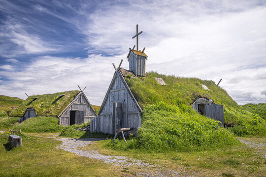 Old Viking house and church at Norstead village, L'Anse aux Meadows, Newfoundland and Labrador, Canada - Powered by Adobe