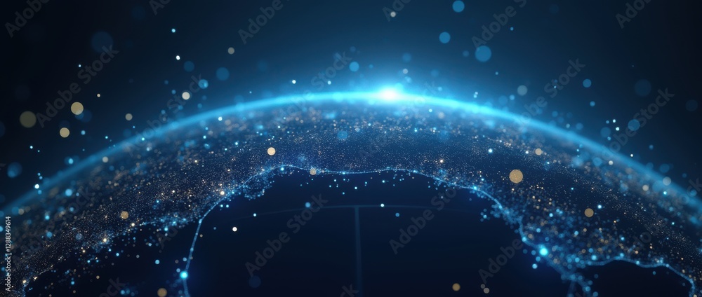 Poster futuristic earth with glowing network connections highlighting global technology advancements and in