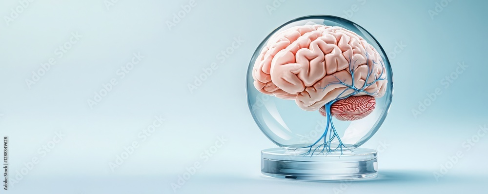 Poster a translucent sphere contains a detailed representation of a human brain, emphasizing the intricate 