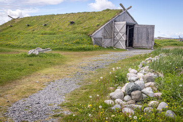 Old Viking houses at Norstead village, L'Anse aux Meadows, Newfoundland and Labrador, Canada