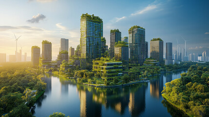 Fototapeta premium Overgrown Futuristic Cityscape at Sunset Reflected in Calm Waters. Digital Art