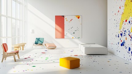 Minimalist modern living room with a white sofa and bright yellow pillows, bathed in natural light from large floor-to-ceiling windows. Clean lines neutral tones bright airy atmosphere. Generative AI