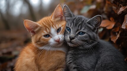 Fototapeta premium Two Kittens Cuddling in a Forest, Eye Contact, Orange & Gray Furs, Autumn Background