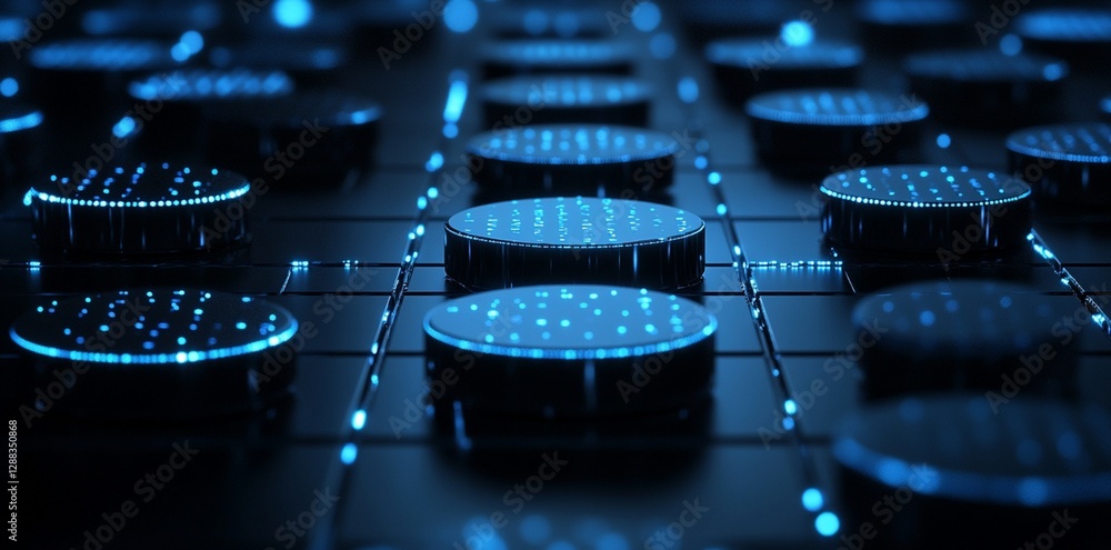 Aufkleber abstract blue digital technology background futuristic illuminated cylinders dark grid pattern moder