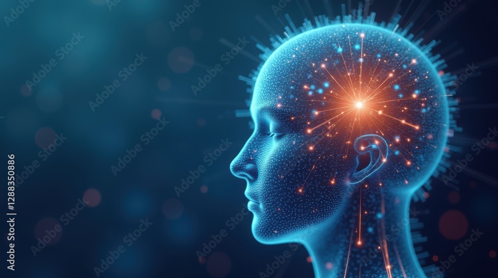 Poster Transforming content creation with advanced machine learning through a visual representation of a digital mind illuminated by data connections in a futuristic setting