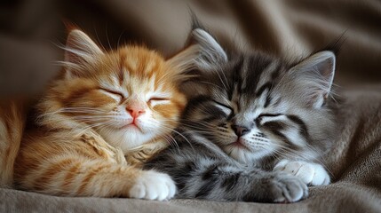 Fototapeta premium Two kittens sleeping closely together on soft blanket, blurred room background