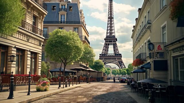 A charming street in Paris with the Eiffel Tower standing tall while people enjoy their day at nearby cafes and restaurants on a sunny afternoon