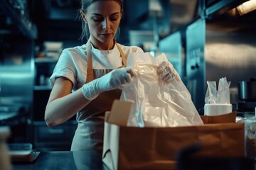 Caucasian woman wearing an apron and gloves puts disposable plastic food containers into a disposable paper bag for delivery during a working day in a commercial kitchen. Small business takeaway