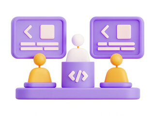 Fototapeta premium Colorful 3D illustration of a coding environment with screens and figures.