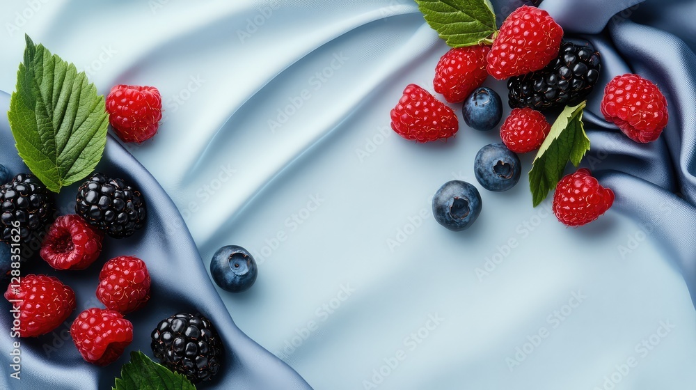 Poster flat lay of mixed berries scattered across a light blue fabric surface with clear space around for t