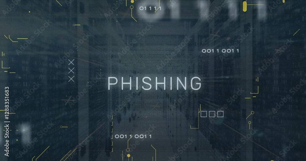 Poster image of network of connections with phishing text over server room