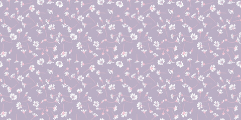 Pastel pattern with tiny flowers and small buds on a light grey background. Abstract artistic floral seamless print. Vector hand drawing sketch. Design for fashion, fabric, wallpaper, textiles,
