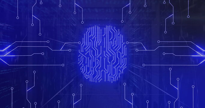Image of neon network of connections with brain over server room