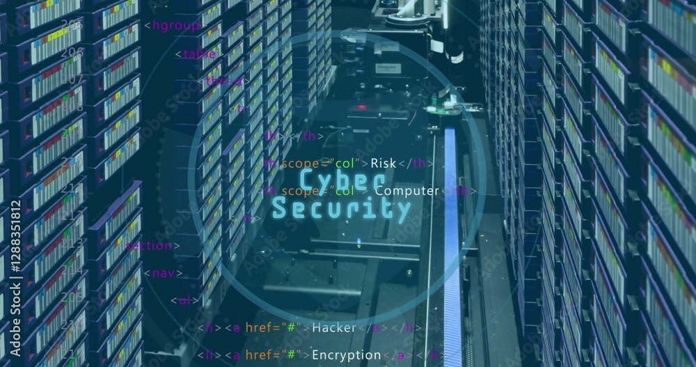 Poster image of shield icon and data processing over computer servers