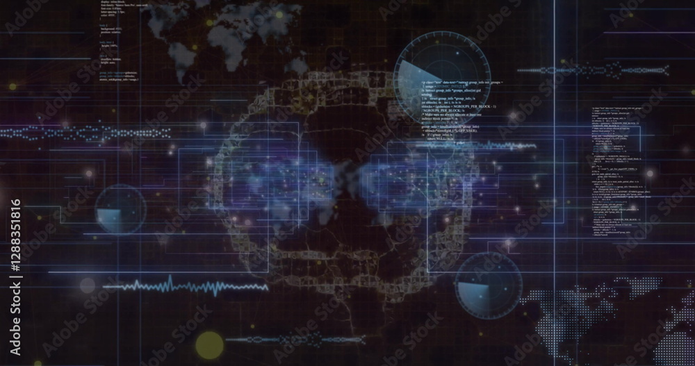 Aufkleber image of data processing over digital brain on black background