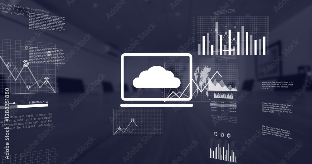 Poster image of data processing and diagrams over office