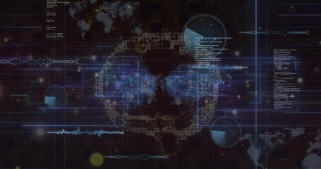 Image of data processing over digital brain on black background