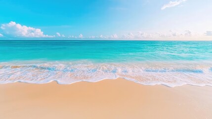 Fototapeta premium Earth day environmental concept. Tranquil beach scene with turquoise water and gentle waves lapping golden sands.
