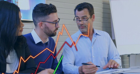 Image of data processing over diverse colleagues having meeting in office