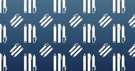 Image of pens and pencils over blue background