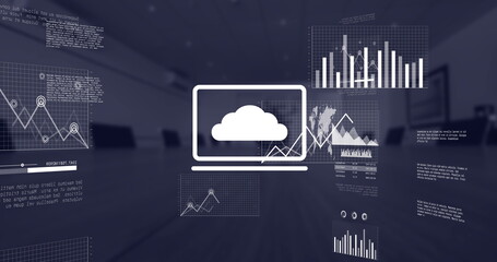 Image of data processing and diagrams over office