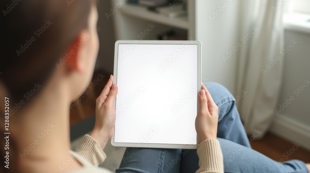Poster Woman in cozy indoor space engaging with a tablet, creating a canvas for imagination and ideas while immersed in a peaceful moment of inspiration