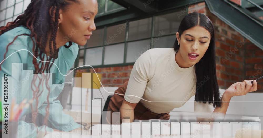 Poster image of financial data processing over diverse colleagues discussing work in office