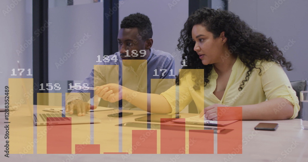 Poster image of financial data processing over diverse colleagues discussing work in office