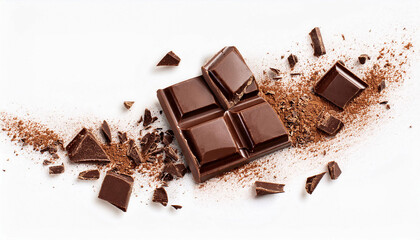 Broken chocolate bar pieces and cocoa crumbs