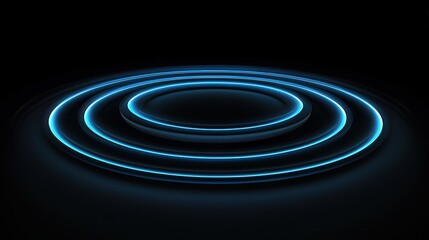 Computer graphics moving from the center forward bright blue circles on a black background. Technology development concept. A symbol of the multi-layered world and space. concentric circles 

