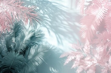 A pastel, retro tropical background with palm trees and sun rays