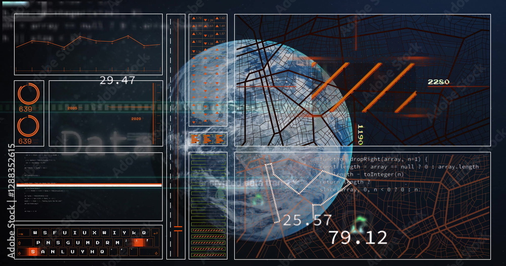 Poster image of data processing over globe on black background