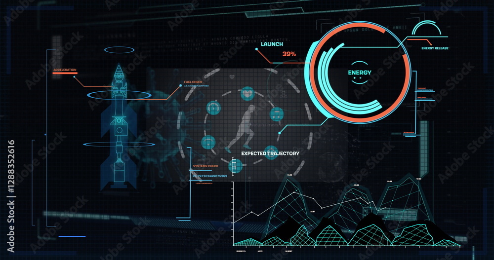 Poster image of data processing over scope and human running on black background