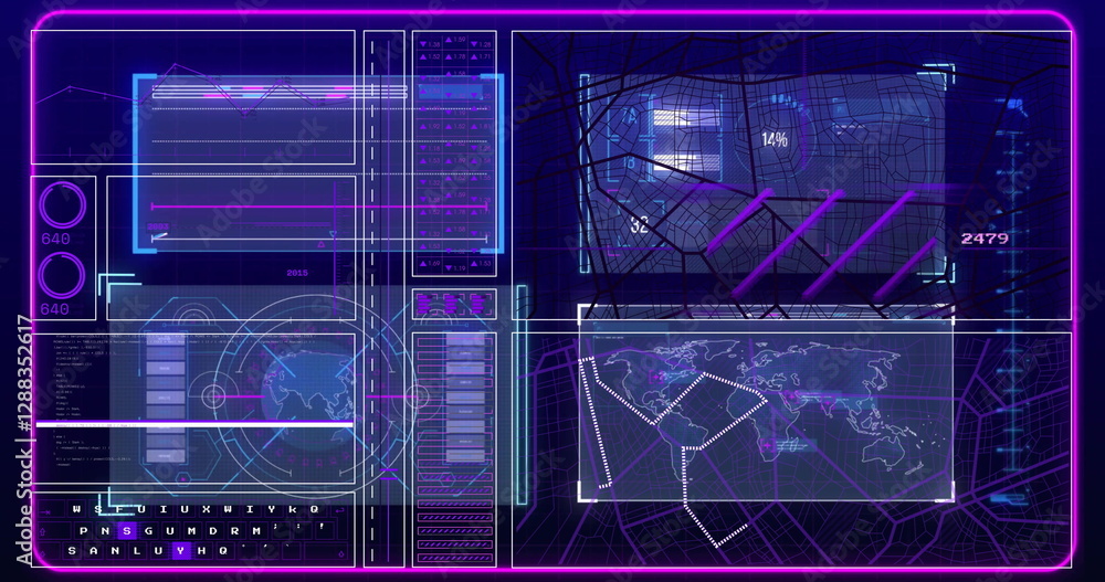 Poster image of data processing over screens on black background