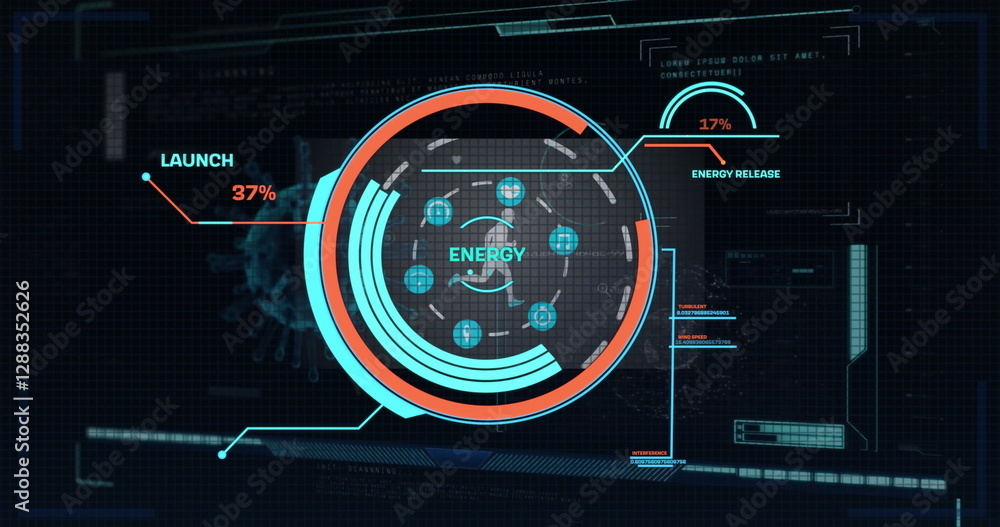 Poster image of data processing over scope and human running on black background