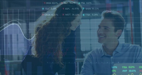 Image of financial data processing over diverse business people in office