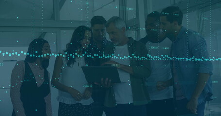 Image of financial data processing over diverse business people in office