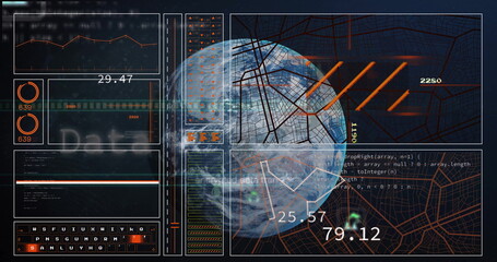 Image of data processing over globe on black background