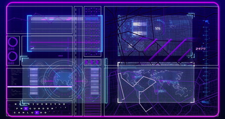 Image of data processing over screens on black background