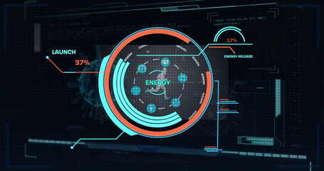 Image of data processing over scope and human running on black background