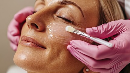 Beautician hand applying cosmetic mask on female face. Concept of skincare and facial treatment
