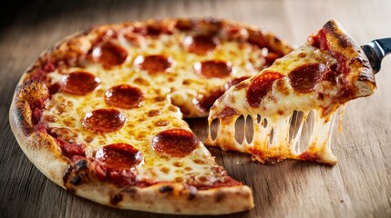 Delicious pepperoni pizza slice cozy restaurant food photography warm atmosphere close-up culinary delight
