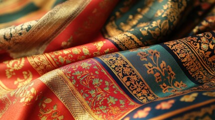 Luxurious Red Gold Green Floral Patterned Silk Fabric Textile Texture