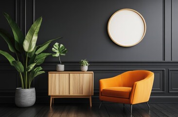 A simple gray wall with dark gray summit paneling, a wooden floor, and an orange armchair in front of it