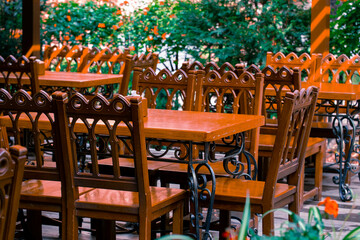 bar patio space wooden furniture table and chairs outdoor garden spring environment without people