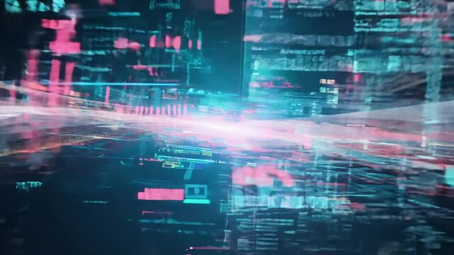 Pan left to right quickly of a chaotic effect of fragmented data streams flowing across a digital interface with glitchy, distorted lighting, random characters and symbols