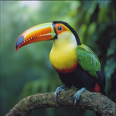 Fototapeta premium Colorful Toucan Perched On Branch With Lush Green Bokeh Background
