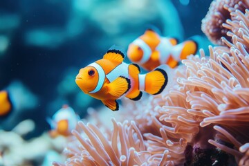 Clownfish swimming in coral reef underwater world marine life vibrant environment close-up view aquatic beauty